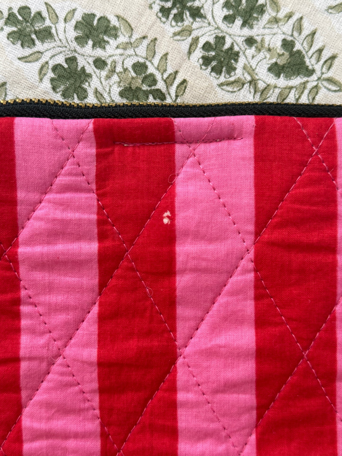 SECONDS Pink and Red Stripe Ruffle Clutch- small white mark