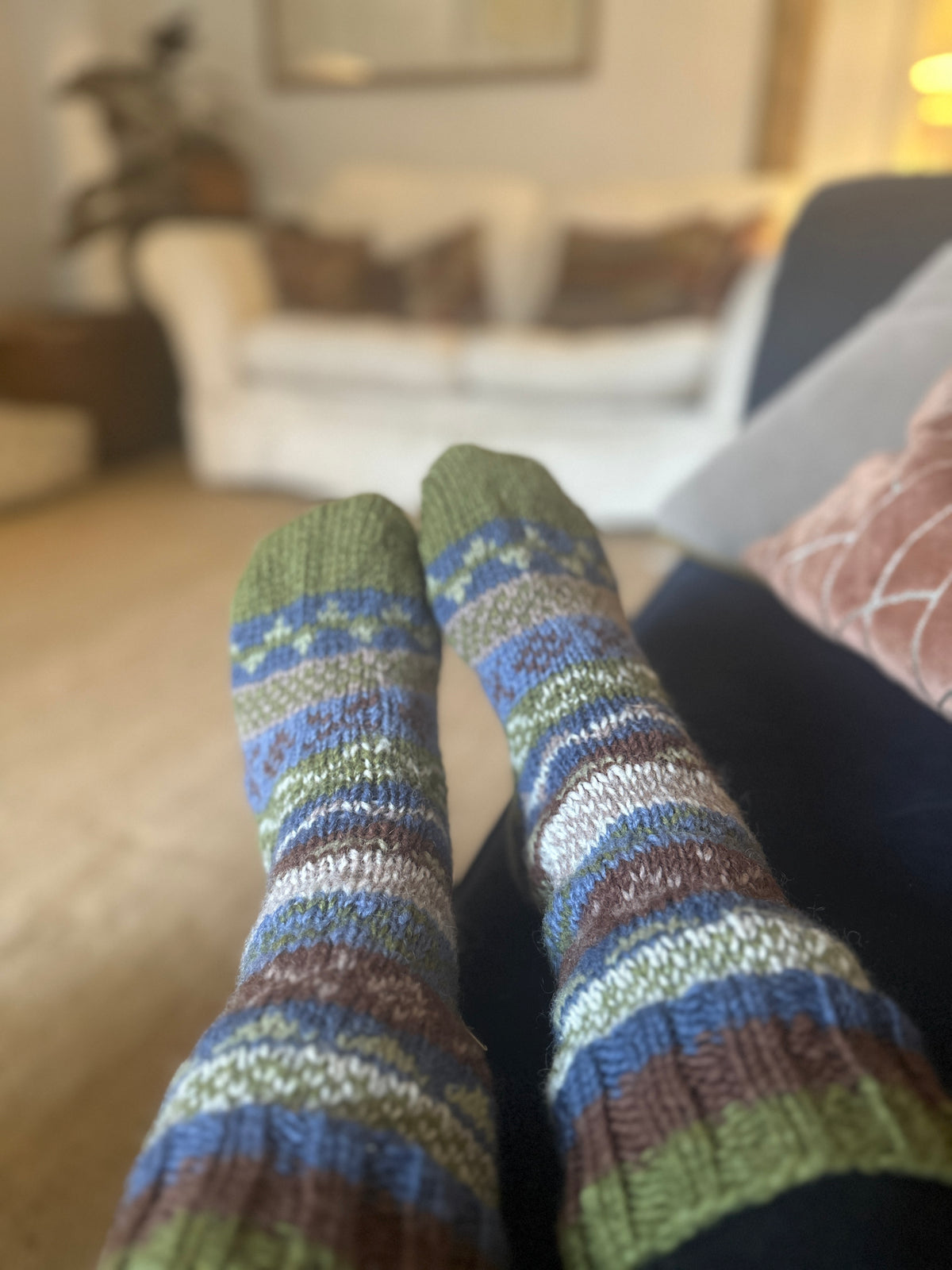 Olive Green Fair Isle Hand Knitted Socks
