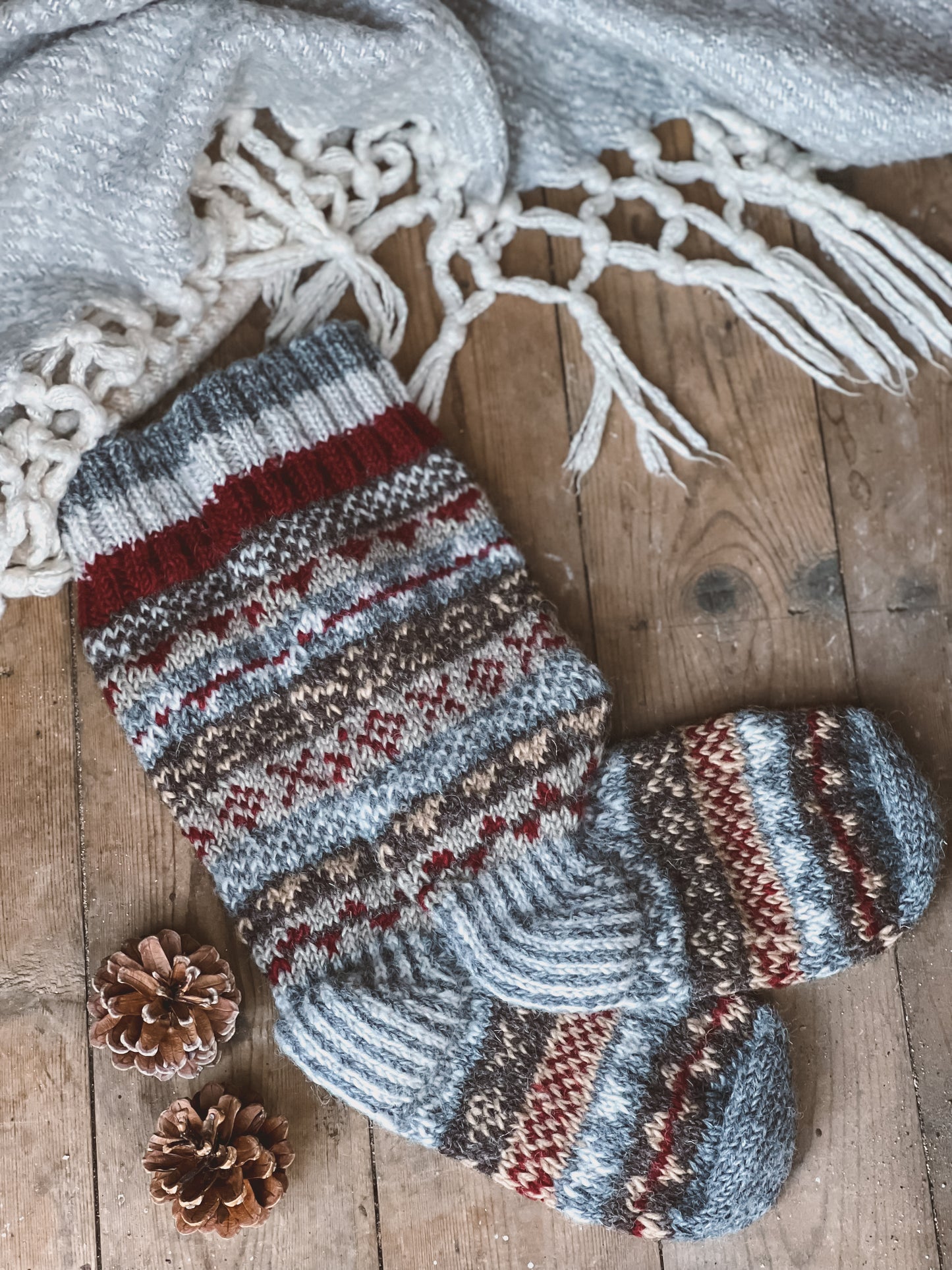 Grey and Maroon Hand Knitted Fair Isle Socks