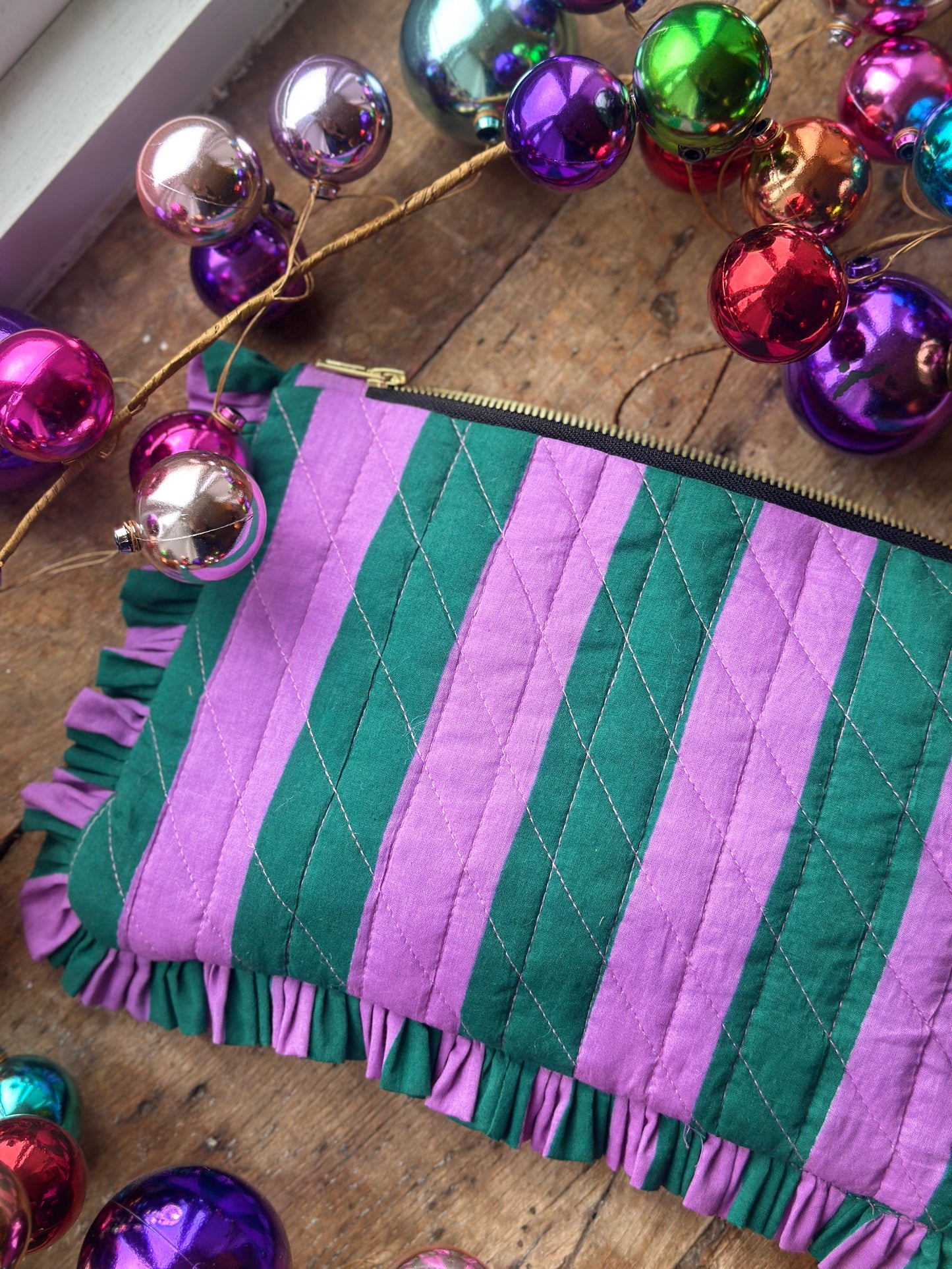 Lilac and Spruce Stripe Ruffle Clutch