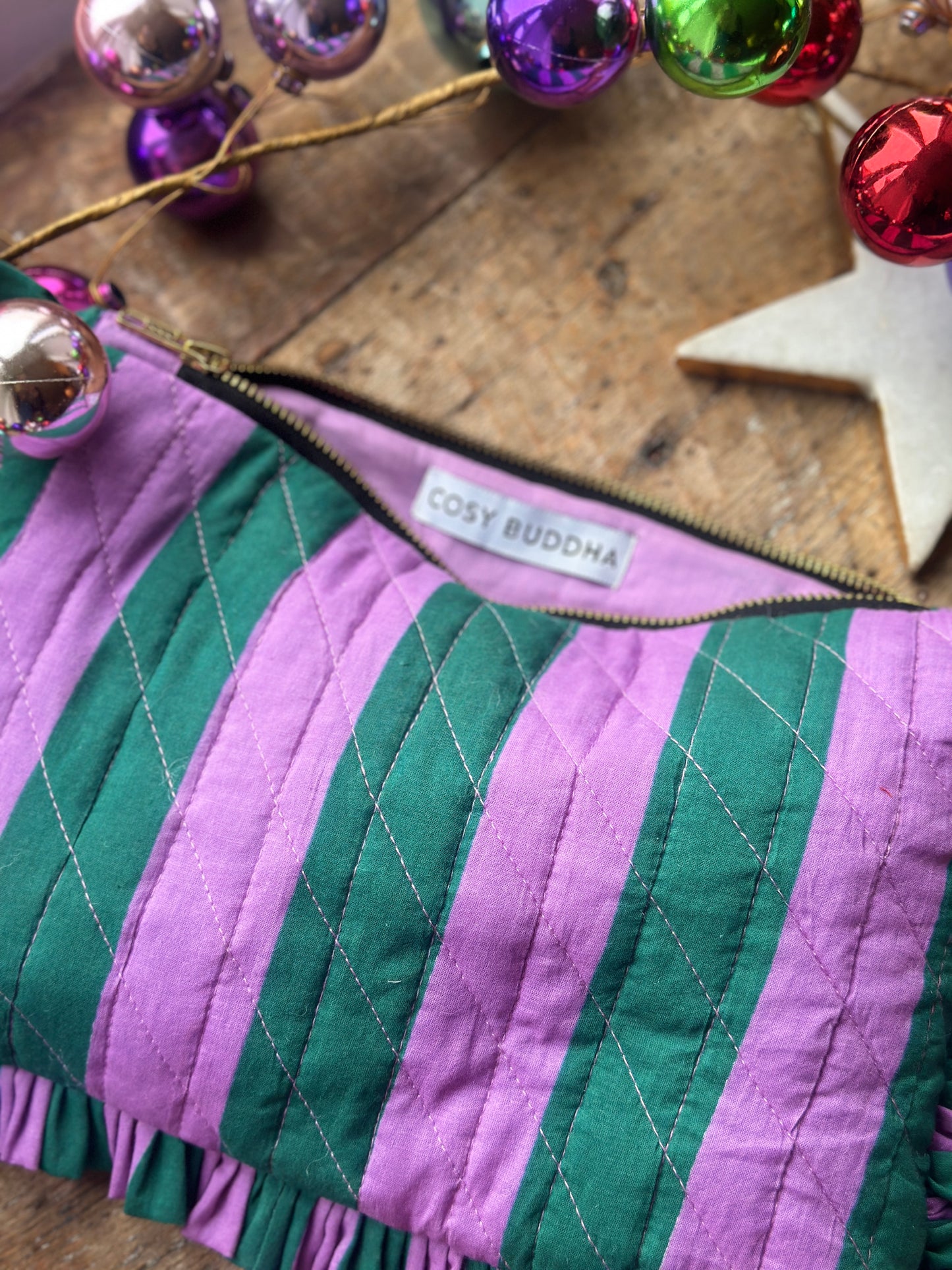 Lilac and Spruce Stripe Ruffle Clutch