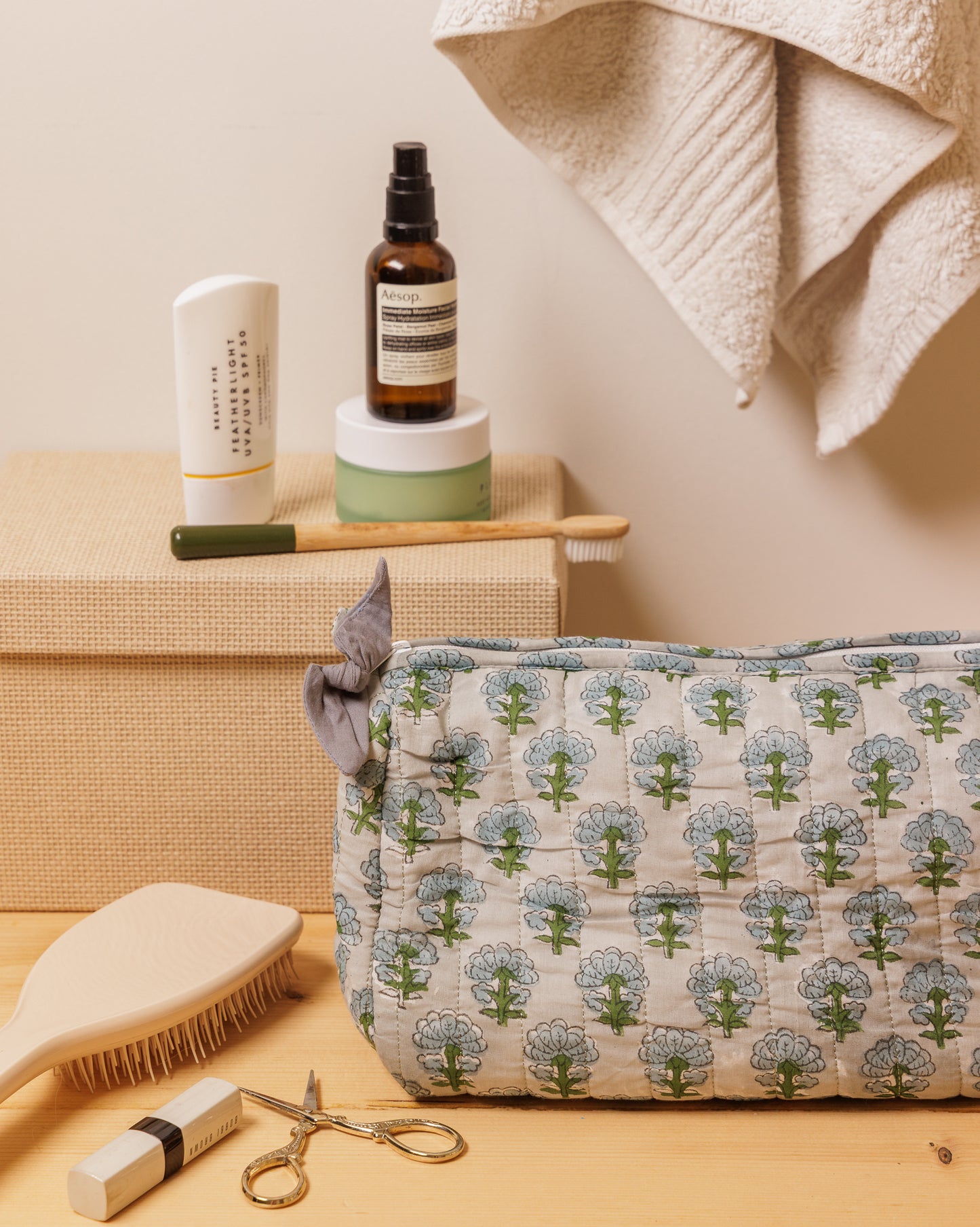 French Blue Block Print Wash Bag