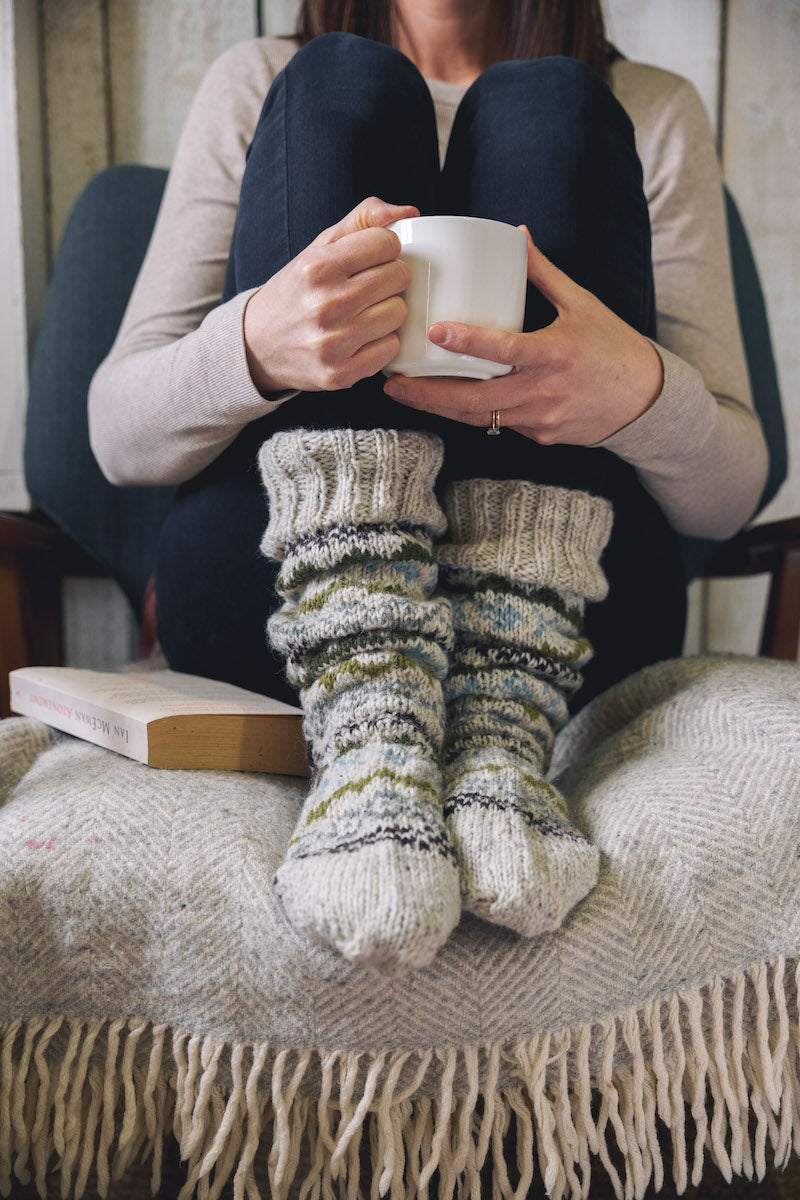 Olive Green Blue Hand Knitted Fair Isle Socks