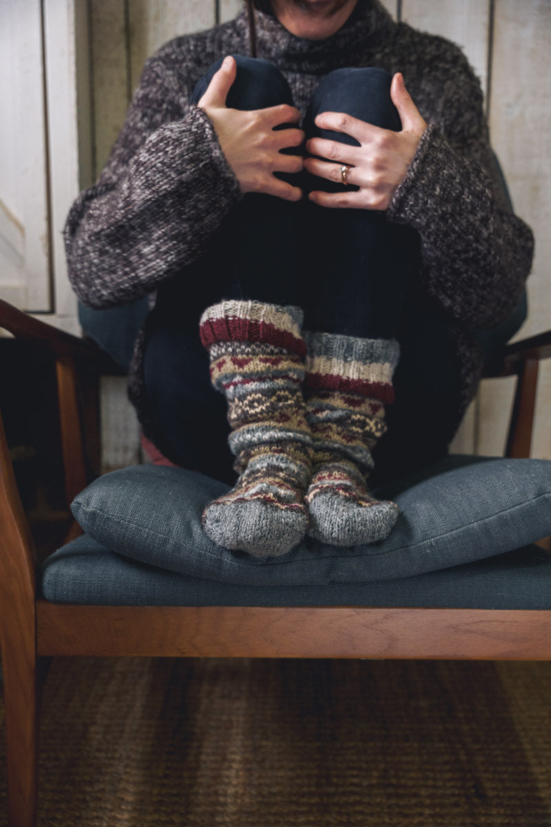 Grey and Maroon Hand Knitted Fair Isle Socks