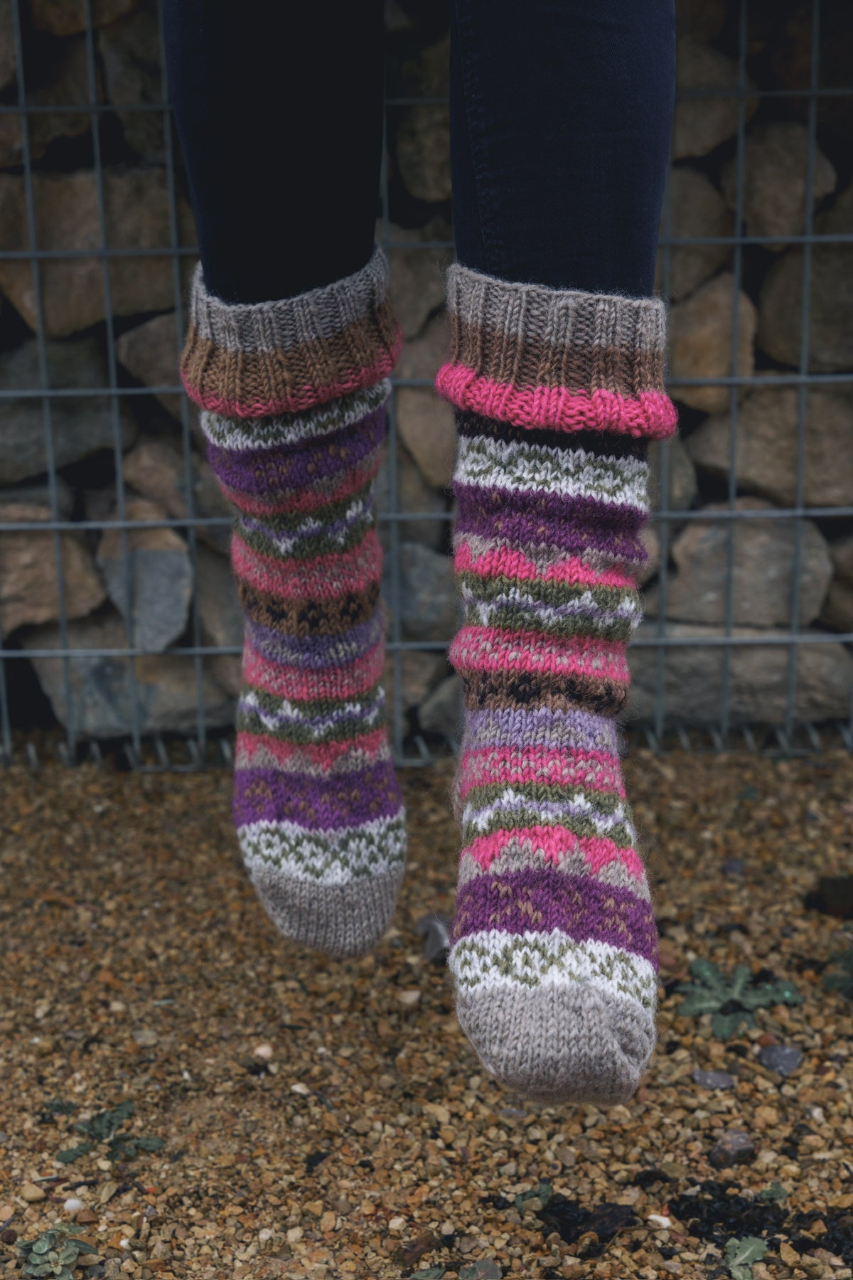 Coral Fair Isle Hand Knitted Socks
