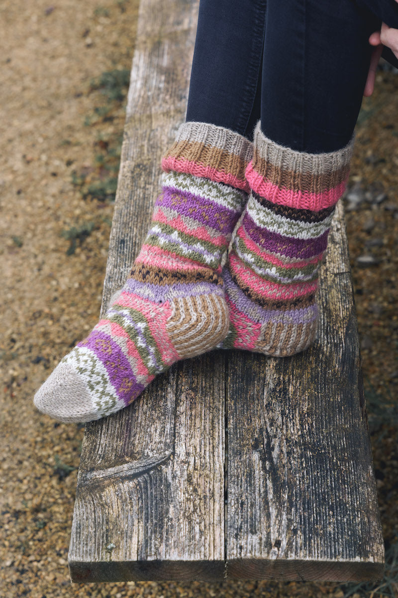 Pink & Olive Green Fair Isle Hand Knitted Socks