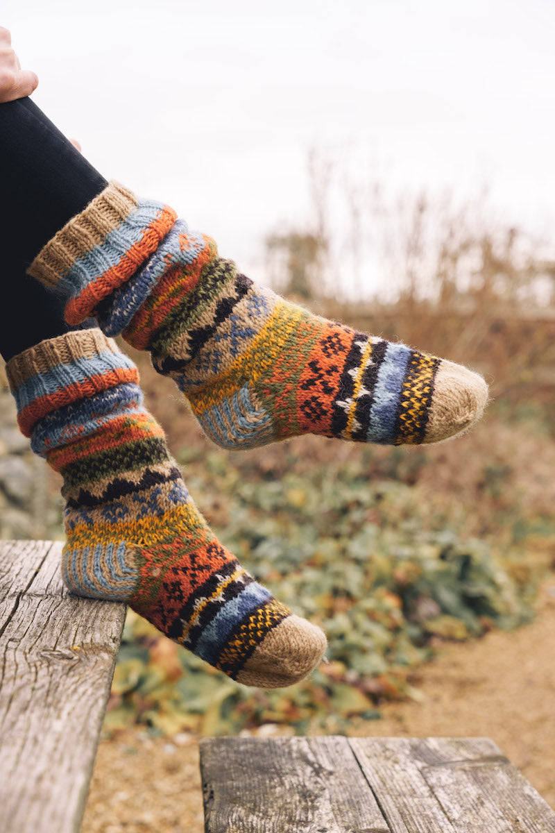 Orange & Powder Blue Knitted Fair Isle Socks