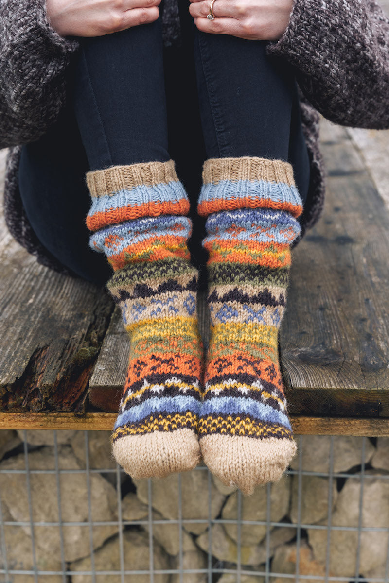 Orange & Powder Blue Knitted Fair Isle Socks