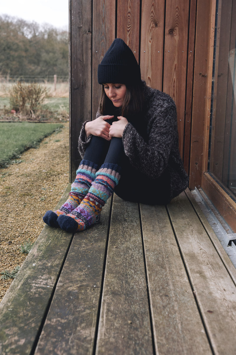 Dark Blue, Purple & Ochre Fair Isle Hand Knitted Socks