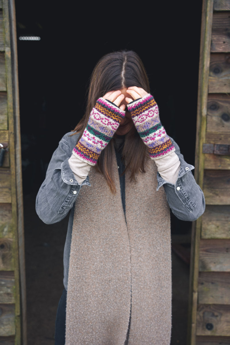 Fuchsia & Forest Green Hand Knitted Wrist Warmers