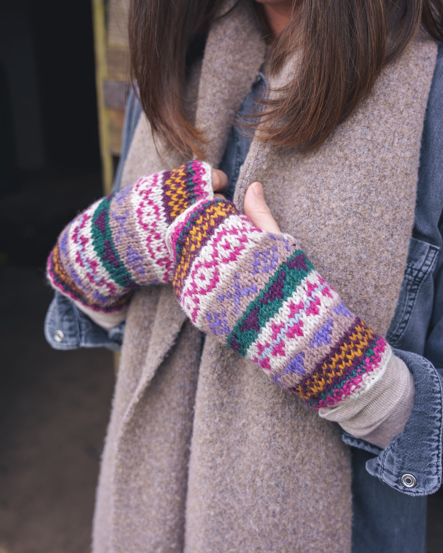 Fuchsia & Forest Green Hand Knitted Wrist Warmers