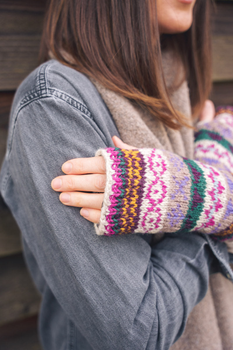 Fuchsia & Forest Green Hand Knitted Wrist Warmers