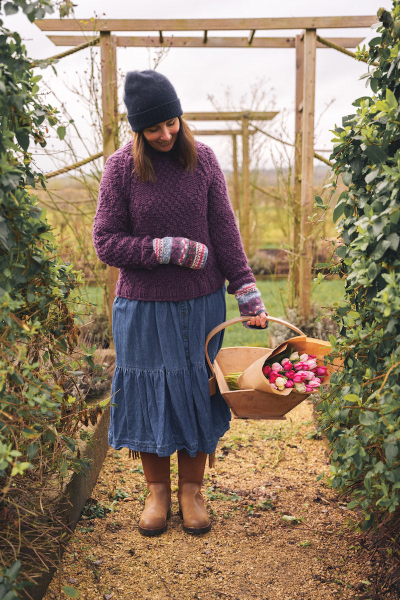 Lilac & Raspberry Hand Knitted Wrist Warmers