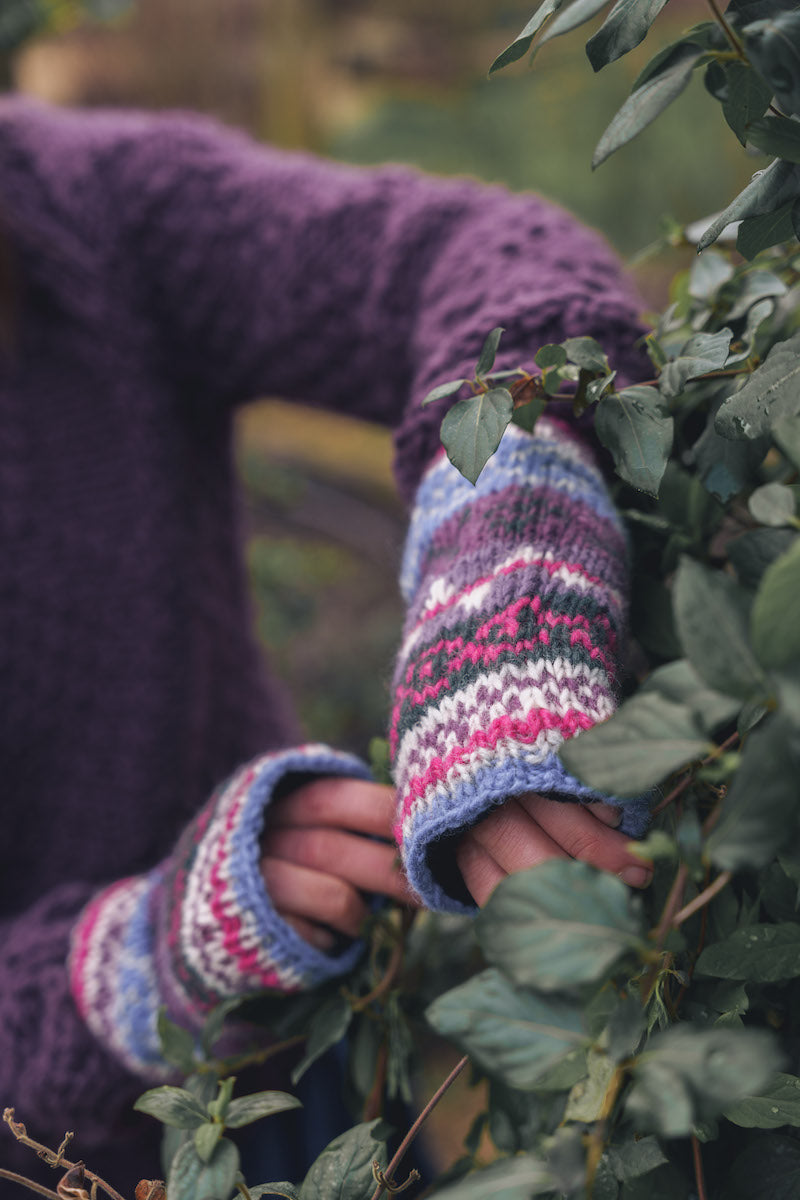 Lilac & Raspberry Hand Knitted Wrist Warmers