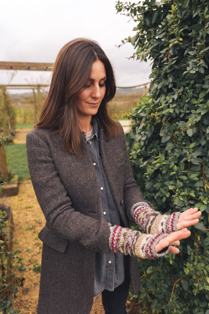 Grey & Maroon Hand Knitted Wrist Warmers