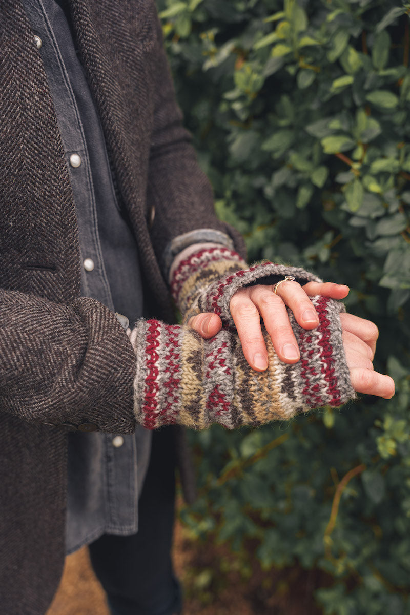 Grey & Maroon Hand Knitted Wrist Warmers