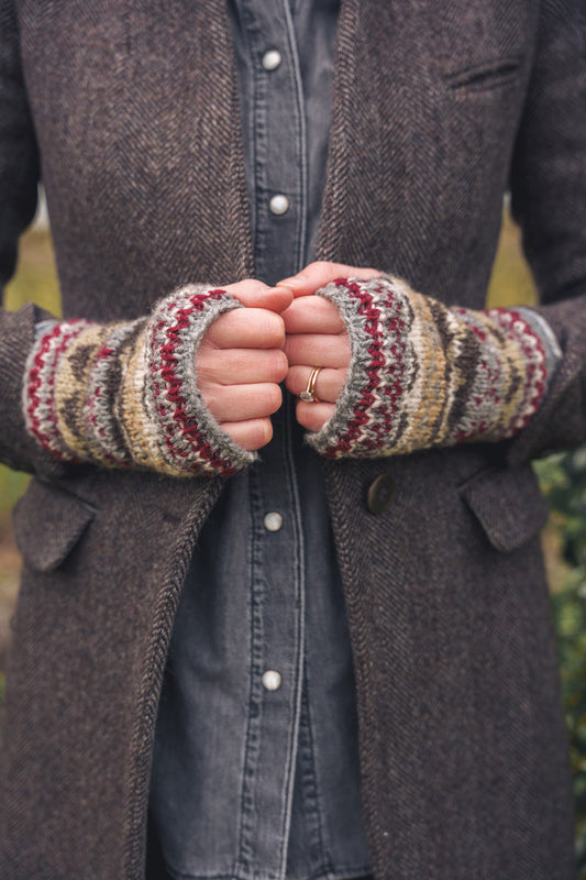 Grey & Maroon Hand Knitted Wrist Warmers