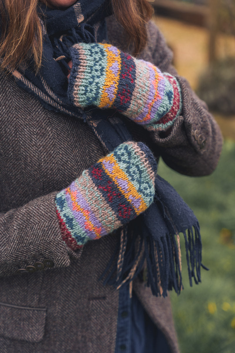 Navy and Ochre Hand Knitted Wrist Warmers