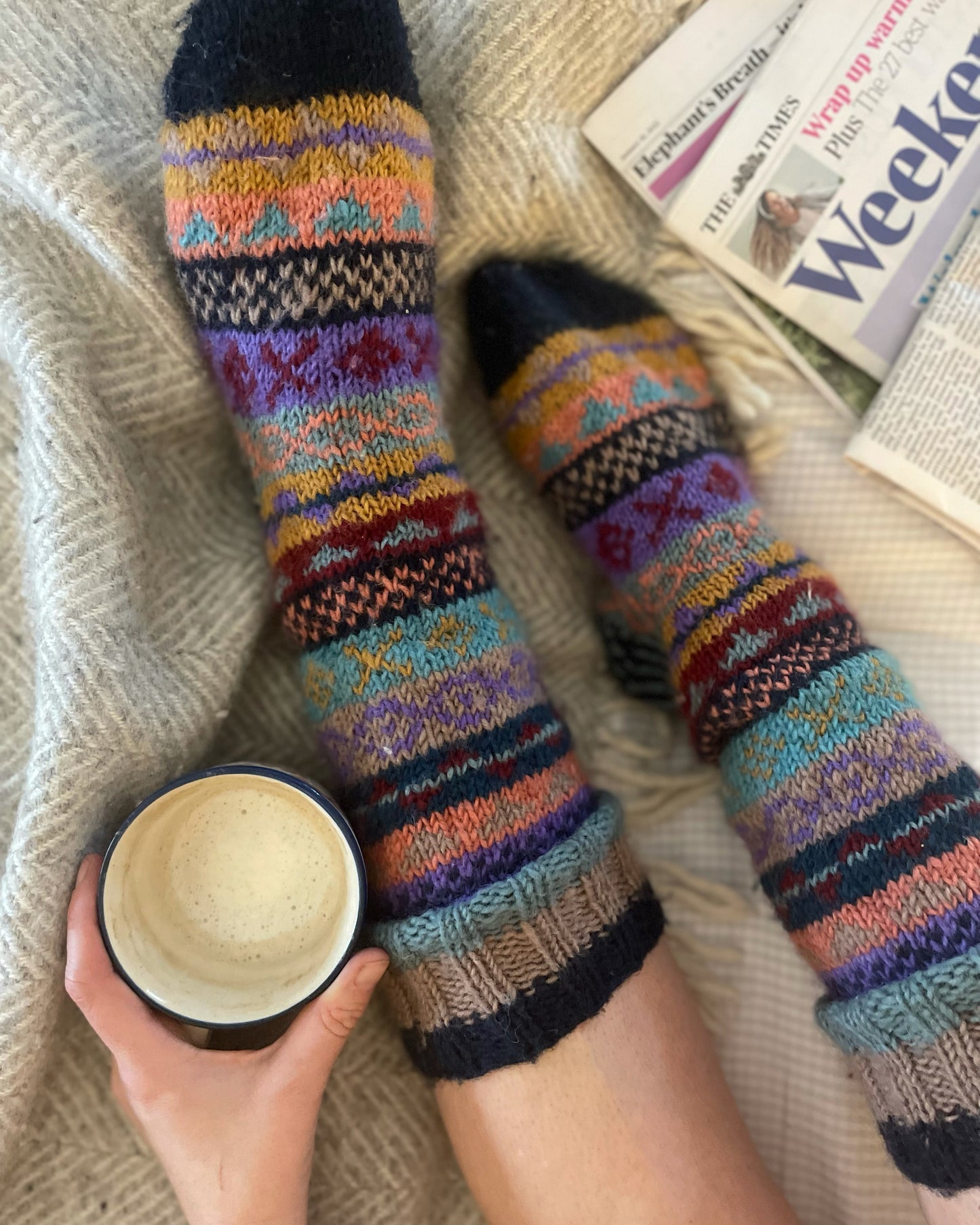 Dark Blue, Purple & Ochre Fair Isle Hand Knitted Socks