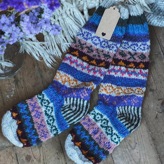 Cornflower Blue Hand Knitted Fair Isle Socks