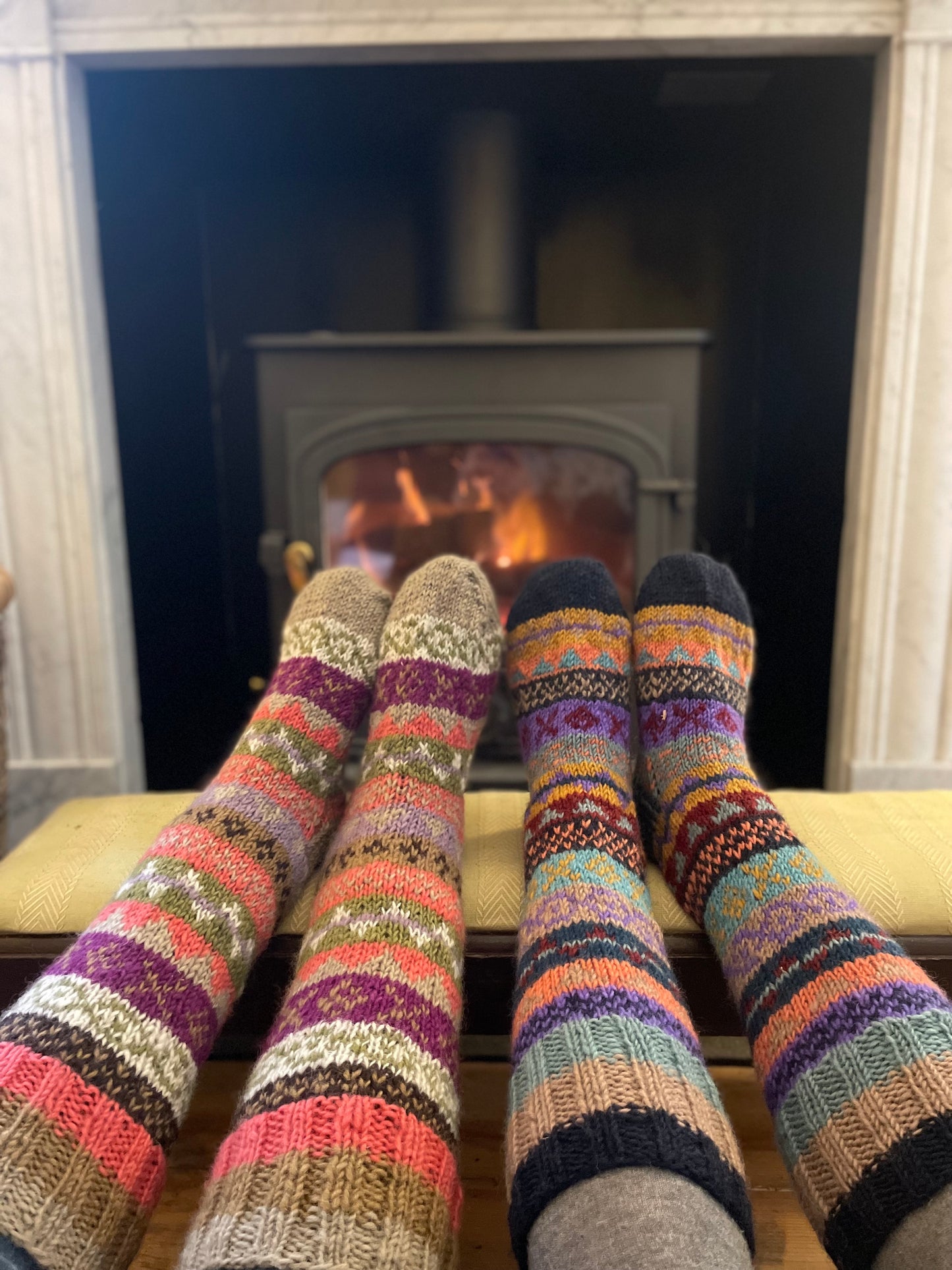 Pink & Olive Green Fair Isle Hand Knitted Socks