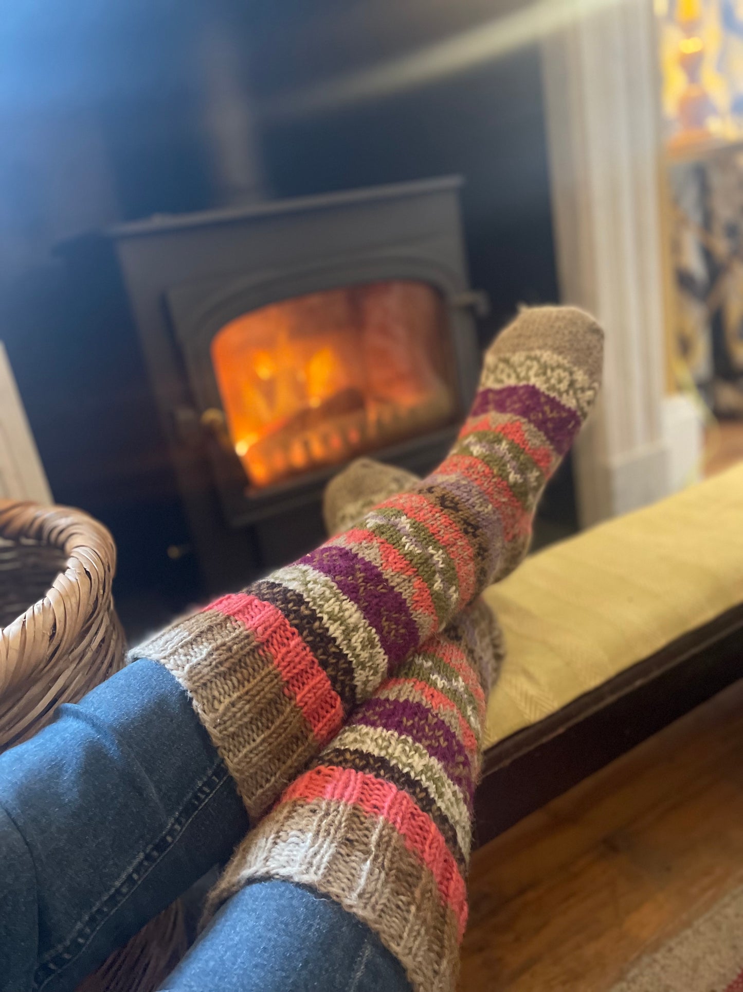 Pink & Olive Green Fair Isle Hand Knitted Socks