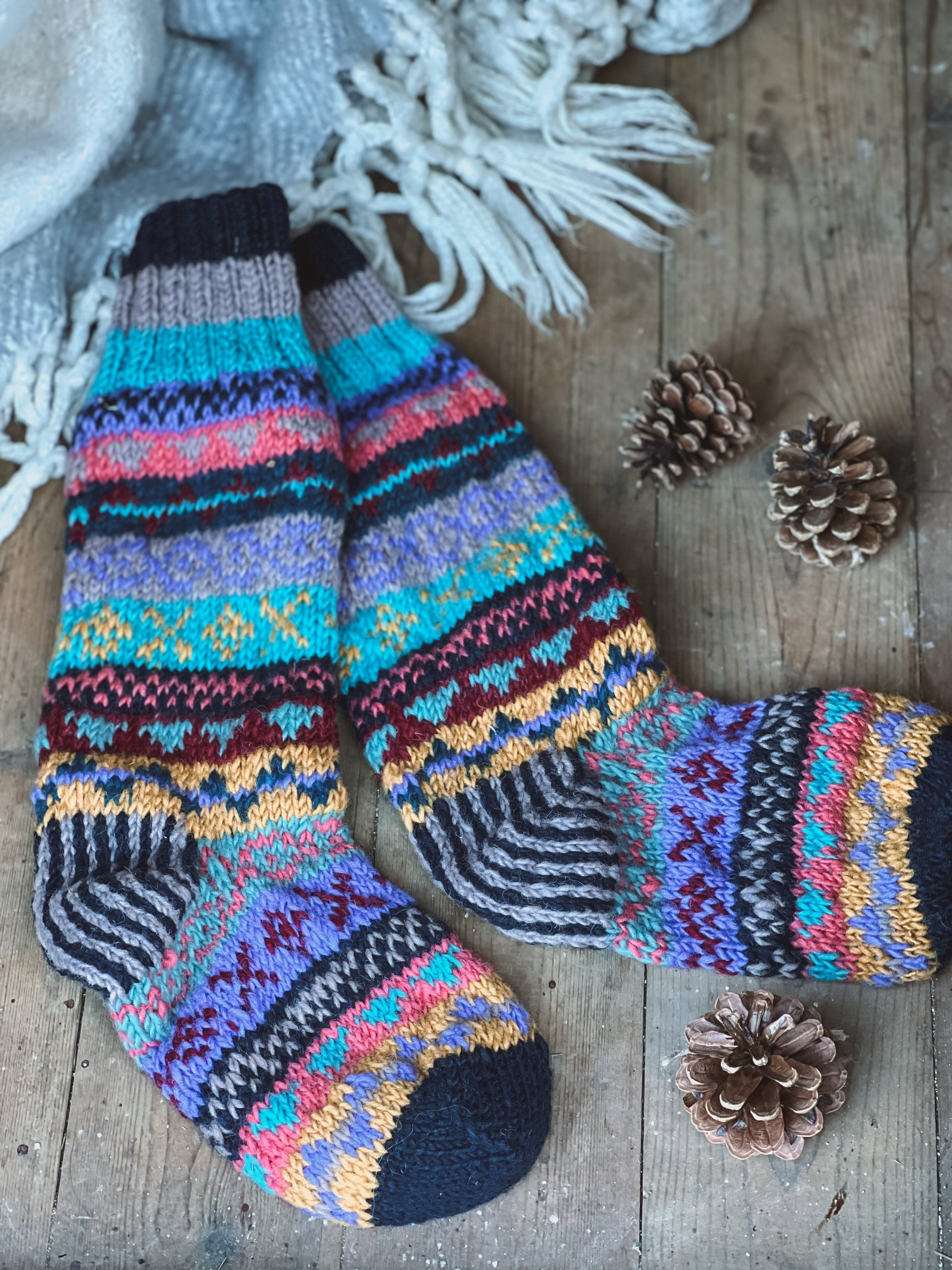 Dark Blue, Purple & Ochre Fair Isle Hand Knitted Socks