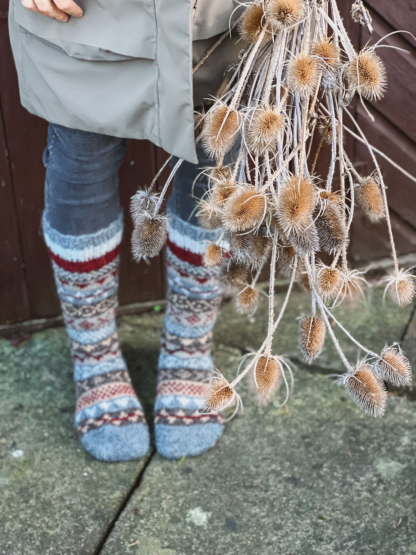 Grey and Maroon Hand Knitted Fair Isle Socks