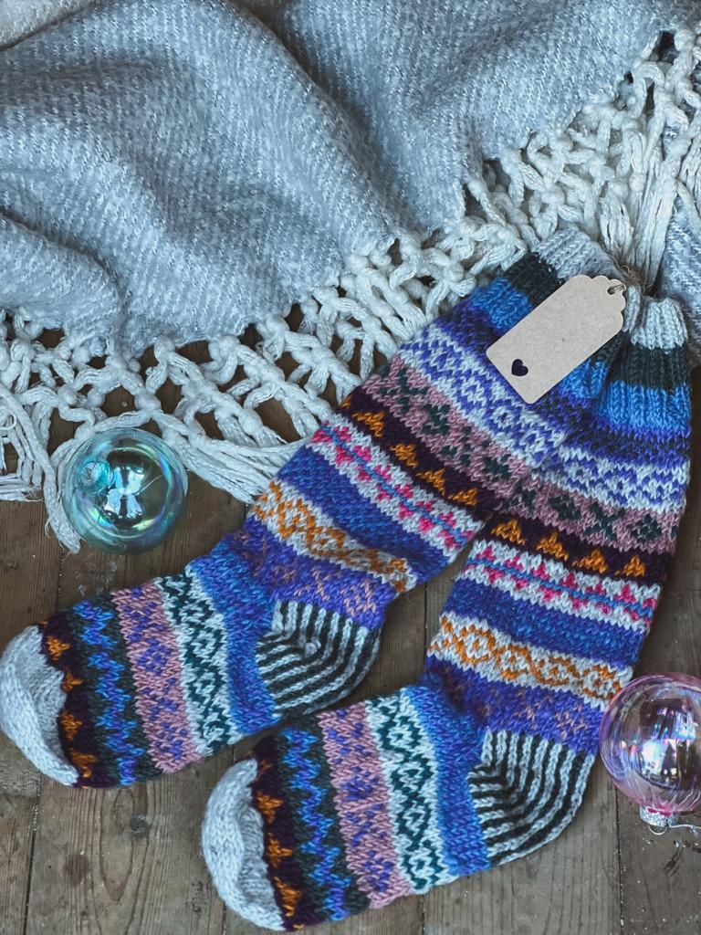 Cornflower Blue Hand Knitted Fair Isle Socks